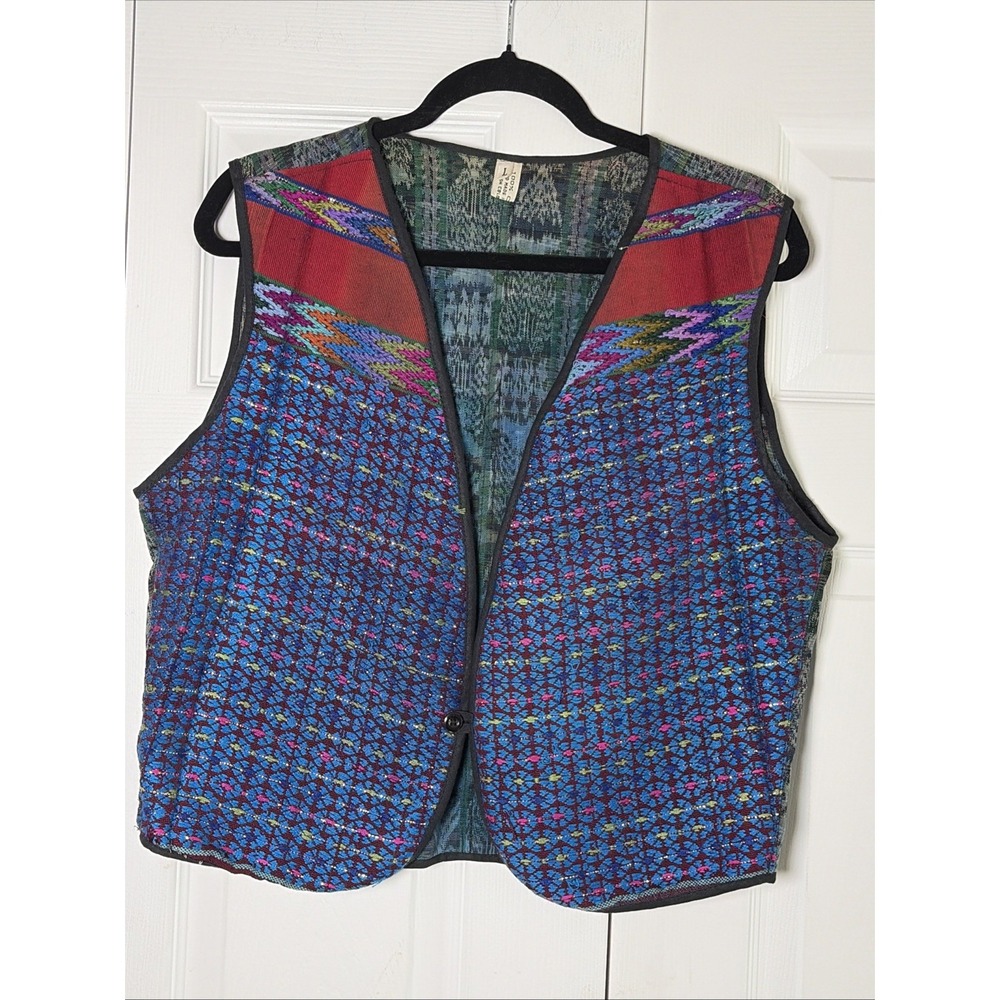 Artisan Woven Vest Womens Size L Blue Red Geometric Cotton Artsy Indie Boho Folk